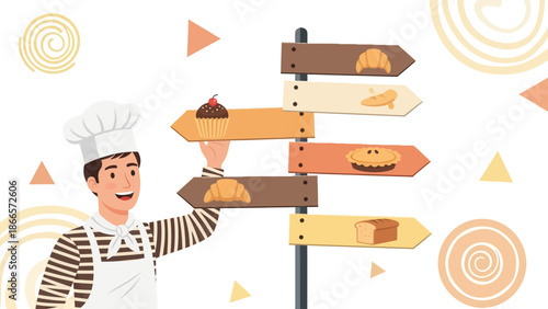 Bakery Direction Signpost Featuring A Smiling Baker Choosing Delicious Pastries