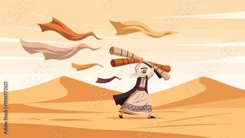Arabian Merchant Carrying Rugs Through Desert Illustration with Flowing Fabric