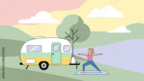 Balanced Lifestyle With Caravan Trip And Yoga Outdoors Serene Landscape