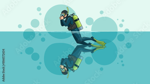Aquatic Adventure Diver Preparing for Underwater Exploration and Discoveries