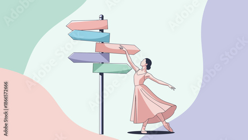 Ballerina Reaching Signpost Choices Embracing Change Navigating Life's Dance Artistic Illustration