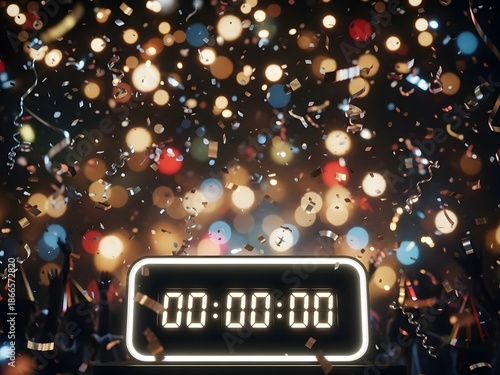 New Year's Eve countdown celebration with confetti and balloons