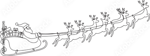 Santa claus on sleigh full of gifts and his reindeers one line art. Line illustration. one line Art icon drawing