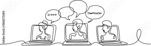 Social network. Continuous one line drawing of laptops with some people on screen and speech bubble. one line Art icon drawing