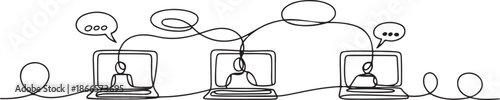 Social network. Continuous one line drawing of laptops with some people on screen and speech bubble. one line Art icon drawing