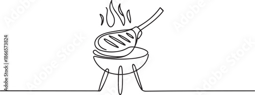 Continuous one line drawing of tomahawk steak grill bbq concept in silhouette on a white background. one line Art icon drawing