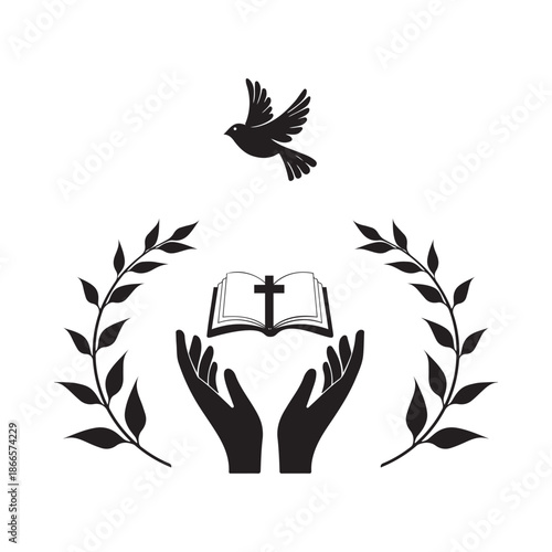 Christian faith symbol with Bible and cross in praying hands