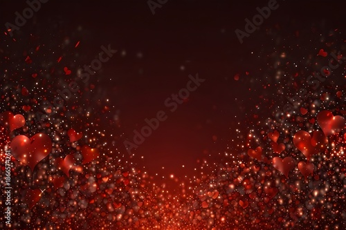 Rich Red Background with Glowing Heart Outlines and Soft Sparkles