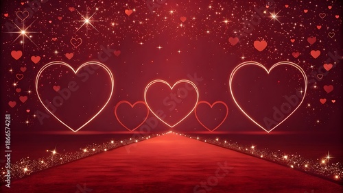 Rich Red Background with Glowing Heart Outlines and Soft Sparkles
