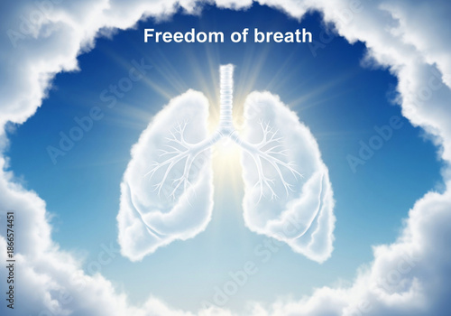 Fluffy white cloud lungs floating in blue sky freedom of breath concept.
