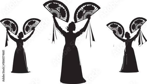 Elegant dancers with ornate fans displayed in a striking silhouette
