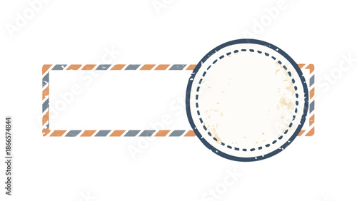 Blank vintage distressed postal label with an airmail-style border and a textured circular stamp graphic. Retro design element for messages, addresses, or decorative purposes