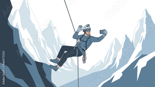 Adventurous Climber Taking A Selfie While Rappelling Down A Snowy Mountain