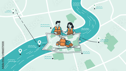Adventurous Couple Planning a Whitewater Rafting Trip on River Map
