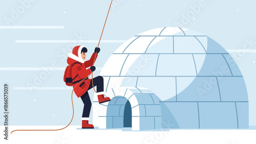 Adventurous Climber Scaling An Igloo With Rope In Arctic Landscape Exploration