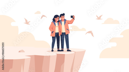 Adventurous Couple Taking Selfie On Cliff Enjoying Nature Scenery Together