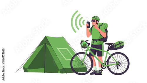 Adventurous Cyclist Communicating Near Tent On Camping Expedition