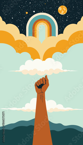 Illustration of a Raised Fist Reaching Towards a Vibrant Rainbow in a Starry Sky Symbolizing Unity, Hope, and Strength Against a Backdrop of Clouds and Mountains