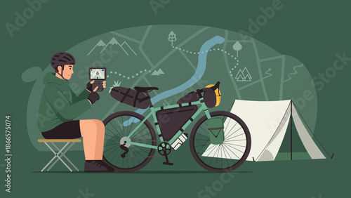 Adventurous Cyclist Planning Route with Tent Near Map For Outdoor Journey