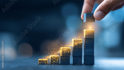 A hand placing a glowing cube onto a rising block chart, representing performance improvement, innovation and measurable business growth.
