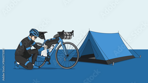 Adventurous Cyclist Preparing Gear Next To Tent In The Wilderness