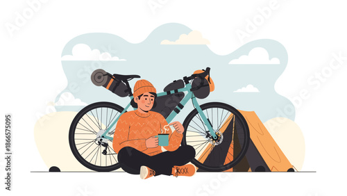 Adventurous Cyclist Resting With Hot Drink Near Tent After Long Bike Ride