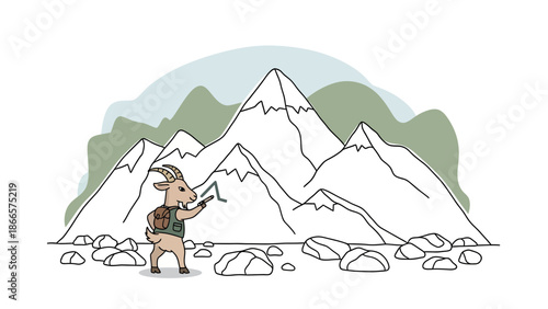 Adventurous Goat Exploring Majestic Peaks With Backpack And Trekking Poles In Mountainous Landscape