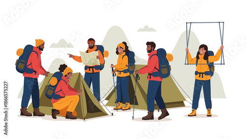 Adventurous Group Of Friends Camping Together In Nature Setting And Holding A Frame