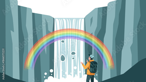 Adventurous Hiker Admiring a Waterfall with a Radiant Rainbow in Nature