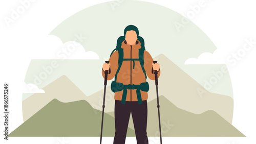 Adventurous Hiker Ascending Mountain With Backpack And Trekking Poles Scenic Landscape