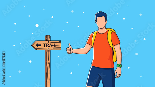 Adventurous Hiker Approving Trail Direction in Snowy Outdoor Scene Illustration