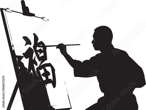 Artist painting floral calligraphy on canvas a striking black silhouette