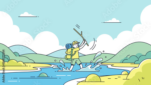 Adventurous Hiker Crosses River With Backpack And Stick In A Cartoon Landscape