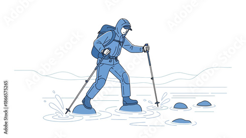 Adventurous Hiker Crosses River Using Trekking Poles And Stepping Stones Sketch