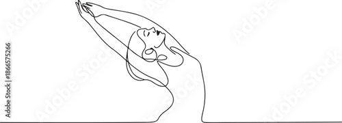 Continuous line art or One Line Drawing of a woman stretching arms is relaxing picture vector illustration. one line Art icon drawing