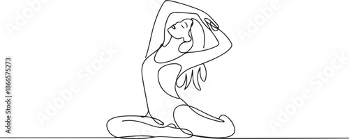 Continuous line art or One Line Drawing of a woman stretching arms is relaxing picture vector illustration. one line Art icon drawing