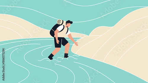 Adventurous Hiker Crossing River During Outdoor Expedition On Summer Day