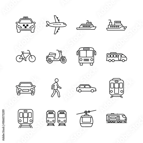 Vector illustration of various transportation modes and vehicles for travel and commute with icon and mobility.
This image shows a collection of black line illustration of different vehicles and modes