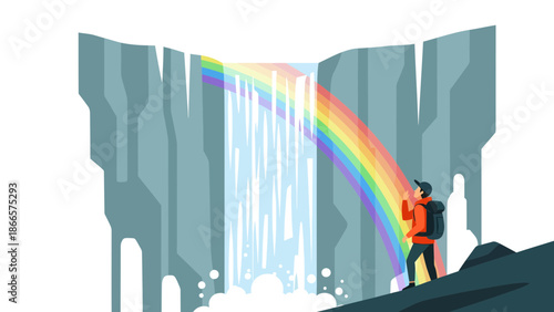 Adventurous Hiker Enjoys The Rainbow Beside A Cascading Waterfall Landscape