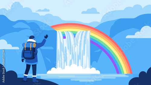 Adventurous Hiker Enjoying Waterfall View With Rainbow During Scenic Vacation