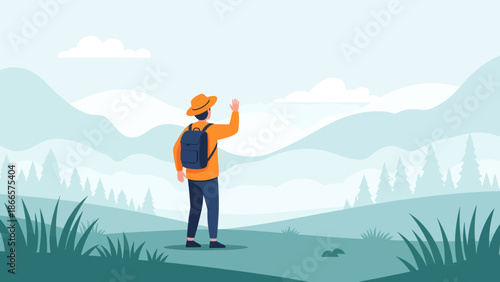Adventurous Hiker Waving Hello Against Scenic Mountain Landscape And Forest Scene