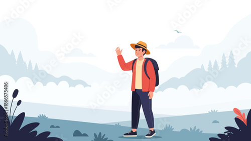 Adventurous Hiker Waving In A Serene Mountain Landscape Illustration Style