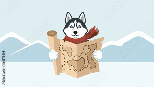 Adventurous Husky Dog Cartoon Reading A Map In Winter Landscape Scene