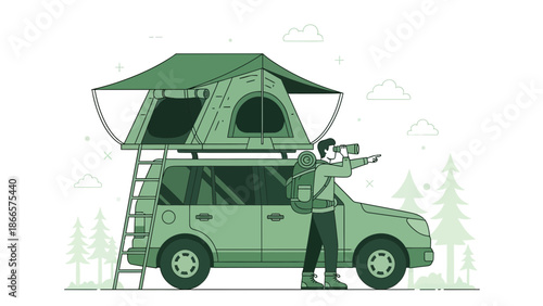 Adventurous Journey Man with Roof Top Tent Camping Exploration Adventure