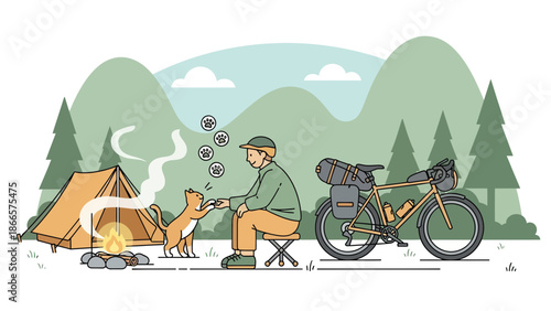 Adventurous Journey With Cat Companion Enjoying Nature By Campfire Together
