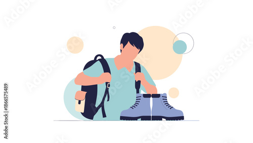 Adventurous Journey Young Man with Backpack Preparing for a Hike