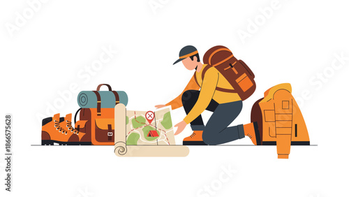 Adventurous Man Plans Hiking Trip Using Topographic Map For His Outdoor Excursion