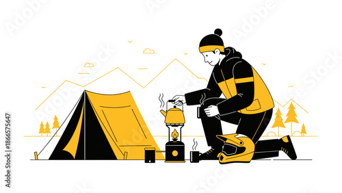 Adventurous Motorcyclist Making Coffee At Campsite Outdoors Surrounded By Nature
