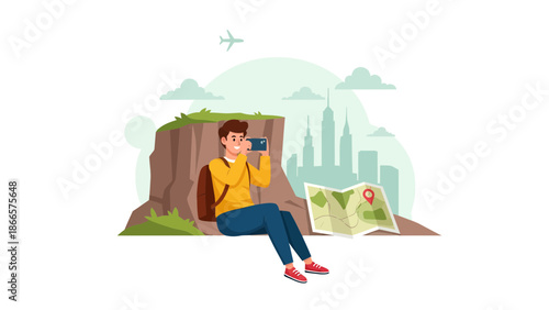 Adventurous Man Takes City Pictures With Phone While On Mountain Journey