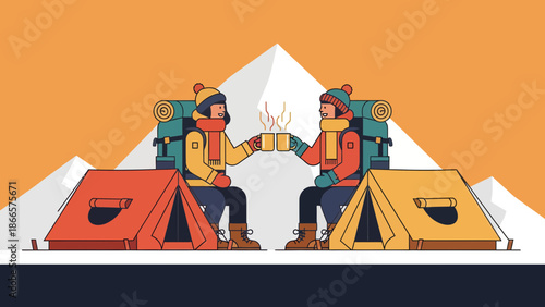 Adventurous Mountain Camping With Friends Enjoying Warm Drinks Together